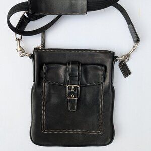 Vintage Coach Black Leather Hamilton Crossbody Bag with Buckle Front Pocket